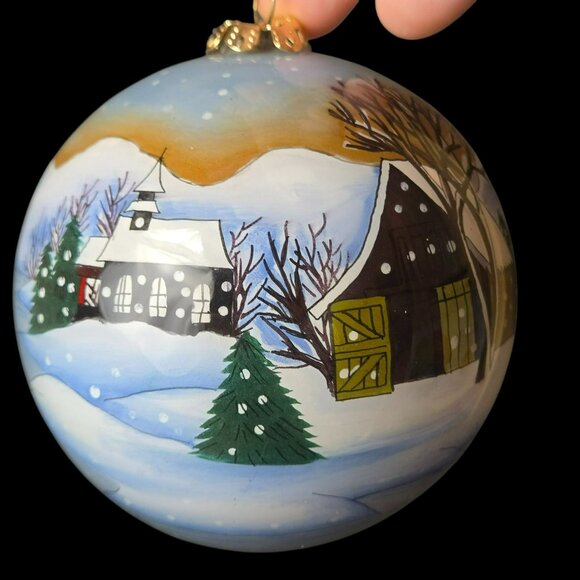 Inside Painted Glass Christmas Ornament Winter Village Scene Skaters Signed 3" - Picture 5 of 9